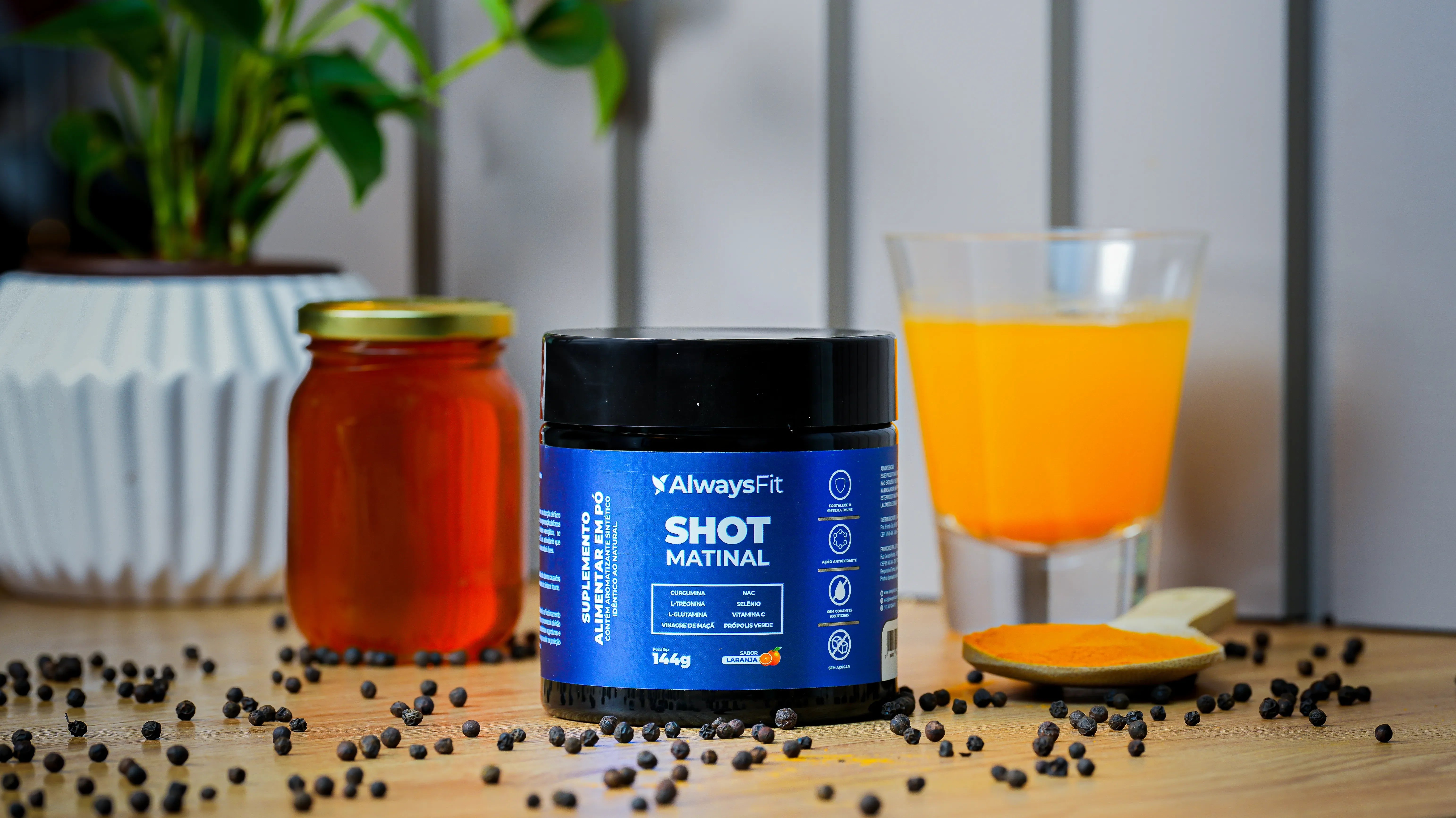 Shot Matinal Always Fit - Blend exclusivo de Curcumina, Glutamina, NAC, Vinagre de Maçã, Própolis Verde, Vit. C e +