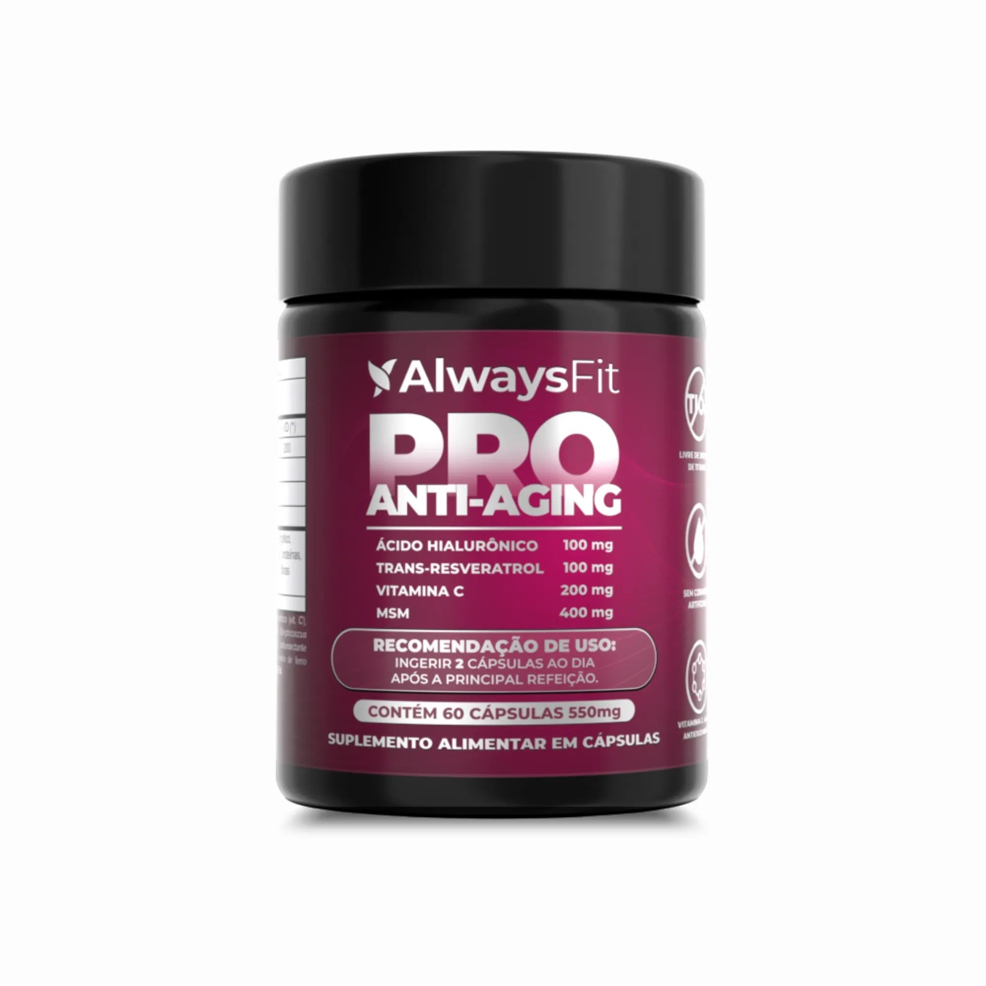 Pro Anti-Aging - Ácido Hialurônico, Trans-Resveratrol, Vitamina C e MSM - 60 Cápsulas
