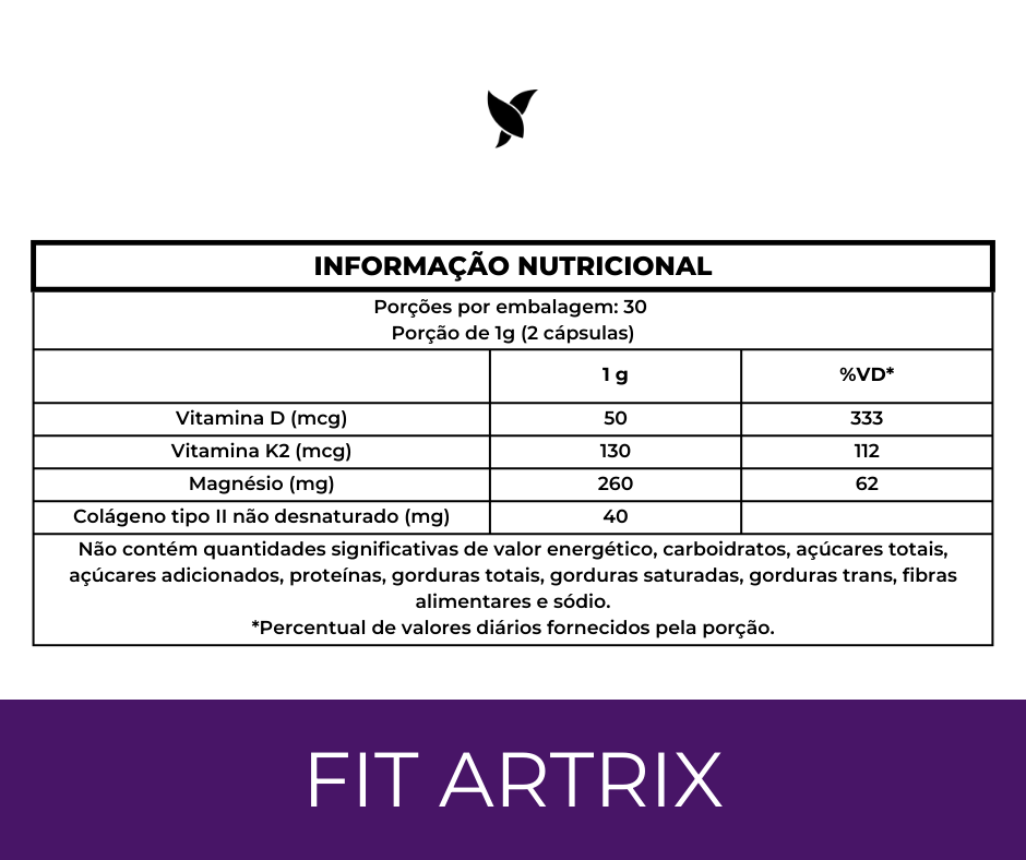 FitArtrix® - Colágeno tipo 2, Vitamina D3, Vitamina K2 MK7, Magnésio Dimalato - 60 Cápsulas