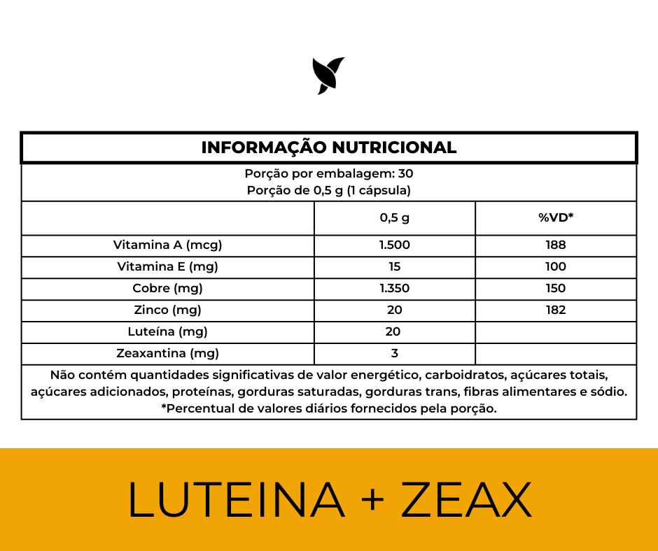 LuteínaVision® - Luteína, Zeaxantina, Vitamina A, Cobre e Zinco - 30 Cápsulas