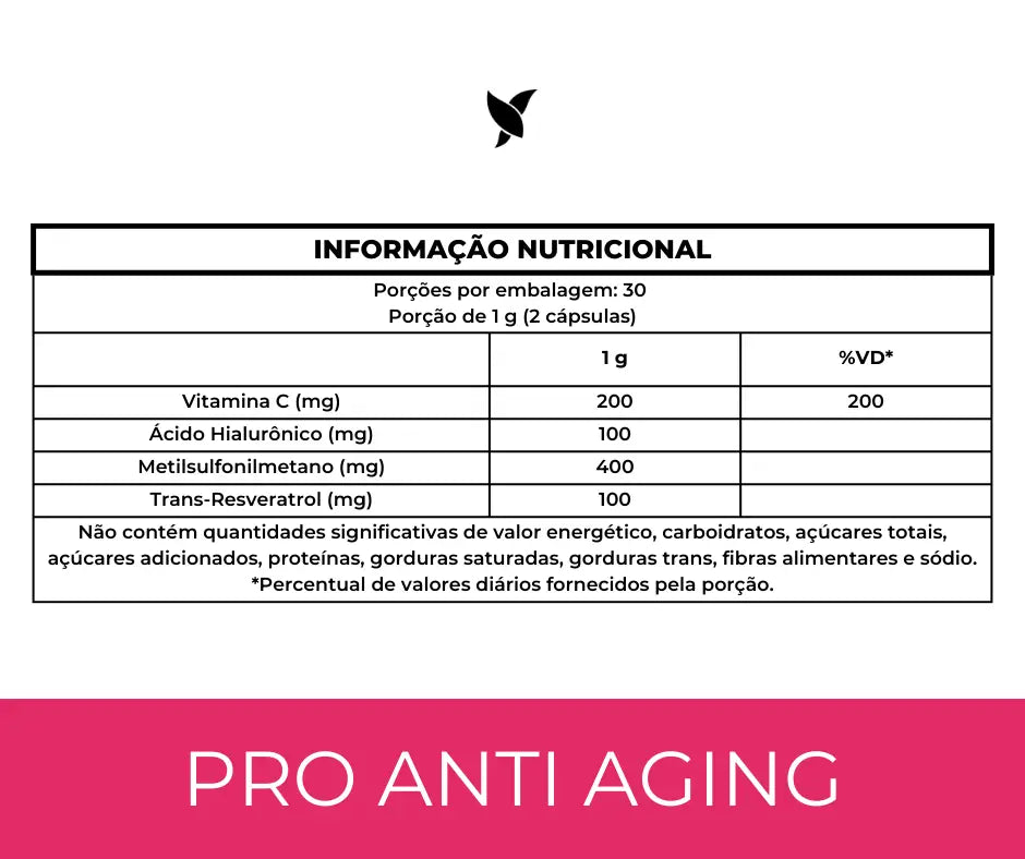 Pro Anti-Aging - Ácido Hialurônico, Trans-Resveratrol, Vitamina C e MSM - 60 Cápsulas