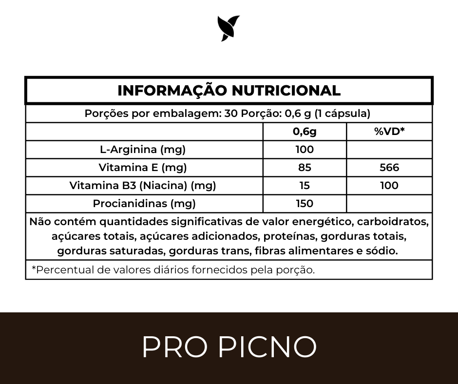 ProPicno - Picnogenol (Pinus Pinaster Aiton) com L-Arginina, Vitamina E, Vitamina B3 e Procianidinas - 30 Cápsulas